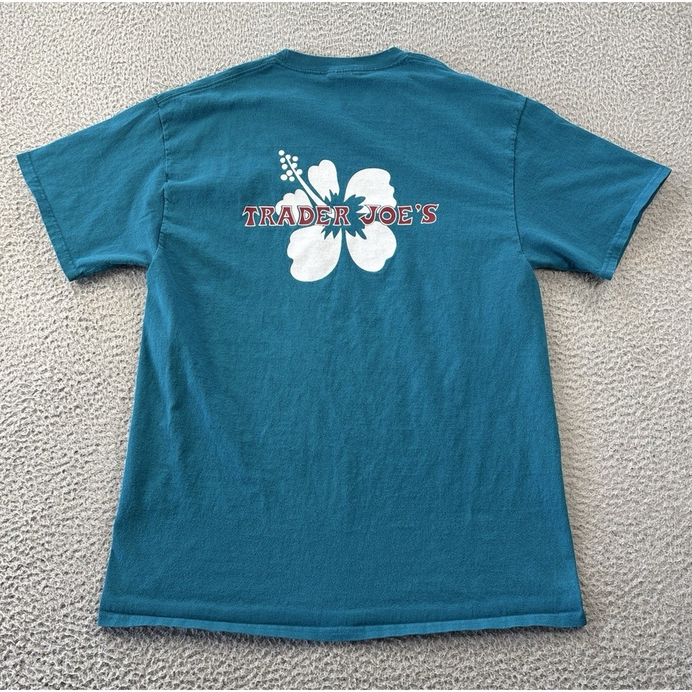 Trader Joes Employee T-Shirt Adult Large Hibiscus Teal Blue Crew